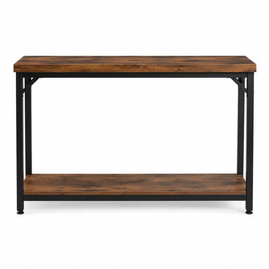 Mesa consola de madera efecto nogal 120x30x80 cm con estructura metálica negra y estante inferior