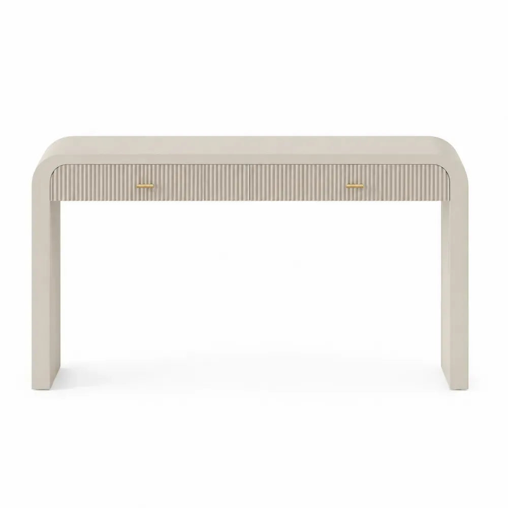 Mesa consola de salón de MDF color beige crema con 2 cajones acanalados y tiradores metálicos dorados 120 x 40 x 80 cm