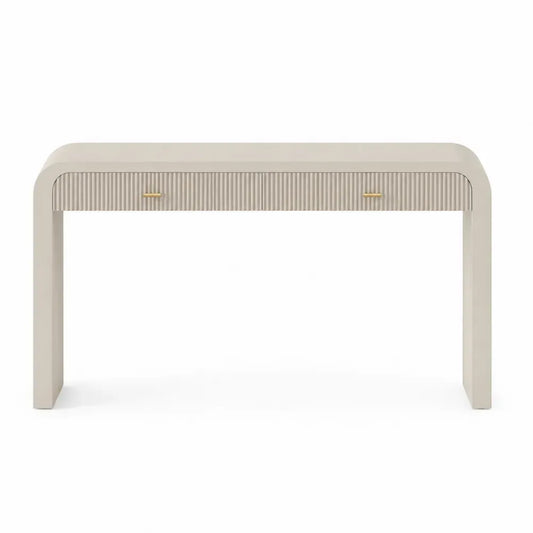 Mesa consola de salón de MDF color beige crema con 2 cajones acanalados y tiradores metálicos dorados 120 x 40 x 80 cm