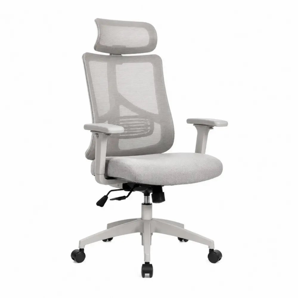 Silla de oficina ergonómica giratoria con reposacabezas y reposabrazos malla gris claro base blanca 64 cm x 64 cm x 115-125 cm