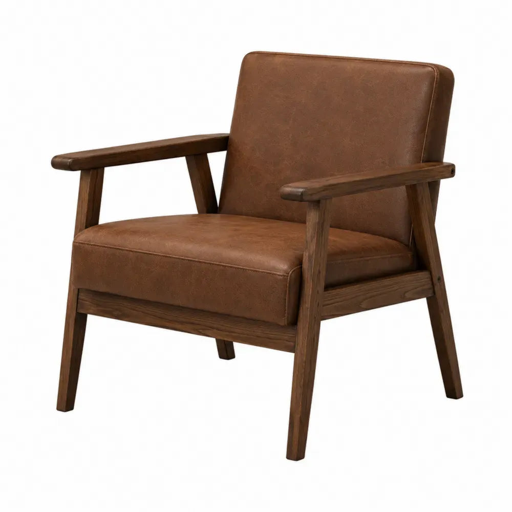 Sillón individual rectangular de piel sintética PU marrón con estructura de madera de caucho marrón oscuro 70 x 75 x 80 cm