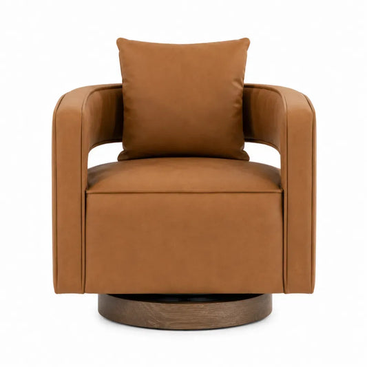 Sillón giratorio tapizado en piel sintética PU marrón con reposabrazos integrados base circular de madera y metal 75 x 80 x 78 cm