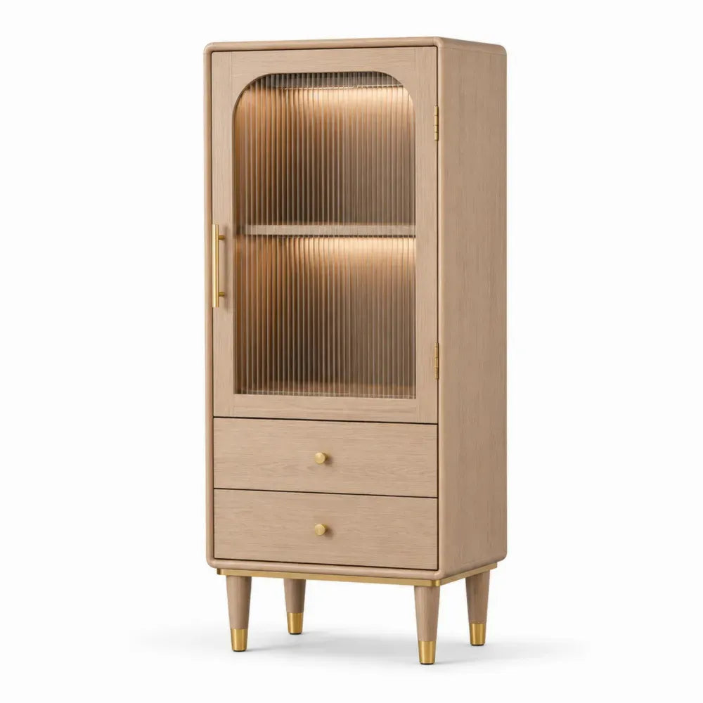 Armario de almacenamiento alto de MDF acabado roble natural con puerta de vidrio acanalado 2 cajones e iluminación LED 80 x 35 x 170 cm