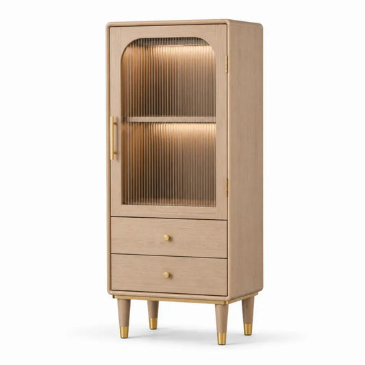 Armario de almacenamiento alto de MDF acabado roble natural con puerta de vidrio acanalado 2 cajones e iluminación LED 80 x 35 x 170 cm