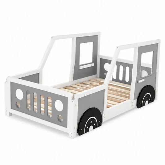 Cama infantil tipo coche 90 x 200 cm aprox. MDF con barreras laterales y ruedas decorativas en blanco gris y negro