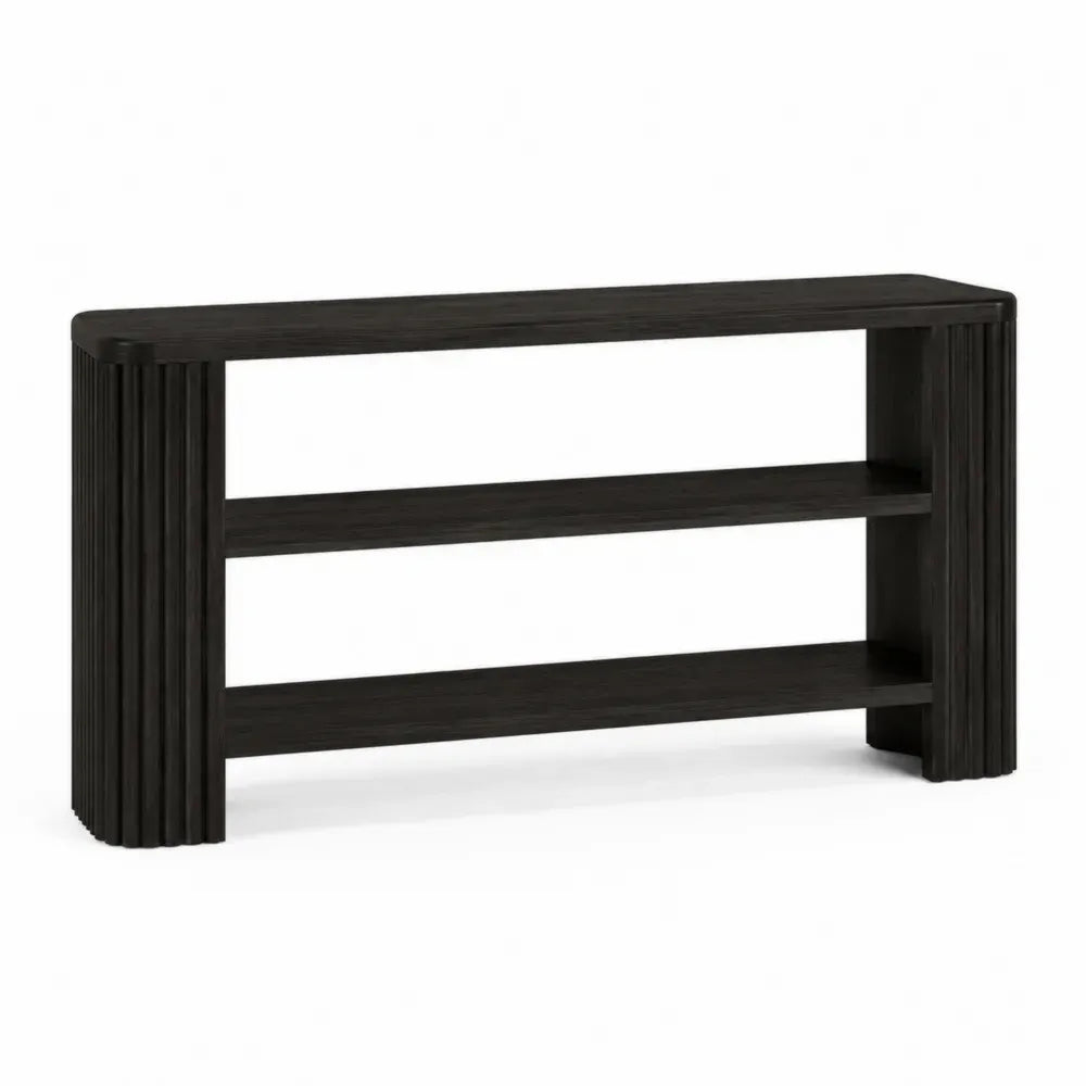 Mesa consola de salón de madera MDF negro con estantes abiertos y diseño acanalado
