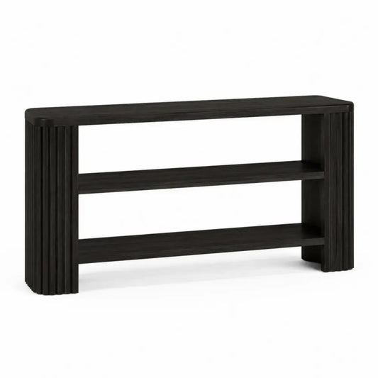 Mesa consola de salón de madera MDF negro con estantes abiertos y diseño acanalado