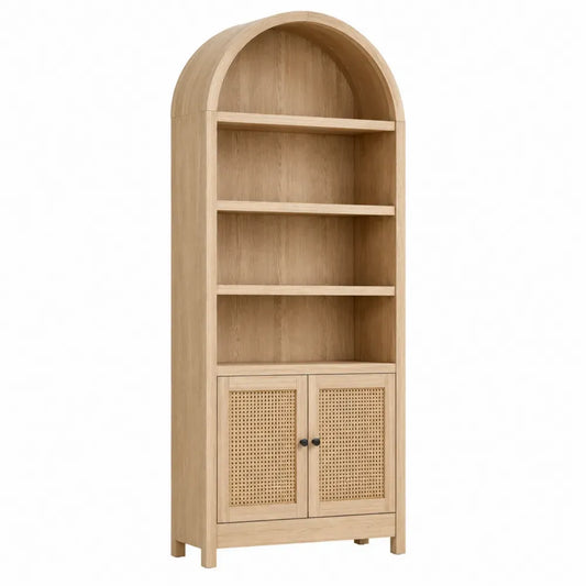 Librería estantería arqueada 4 niveles MDF chapa de roble natural con ratán 2 puertas negro 80 cm x 35 cm x 180 cm