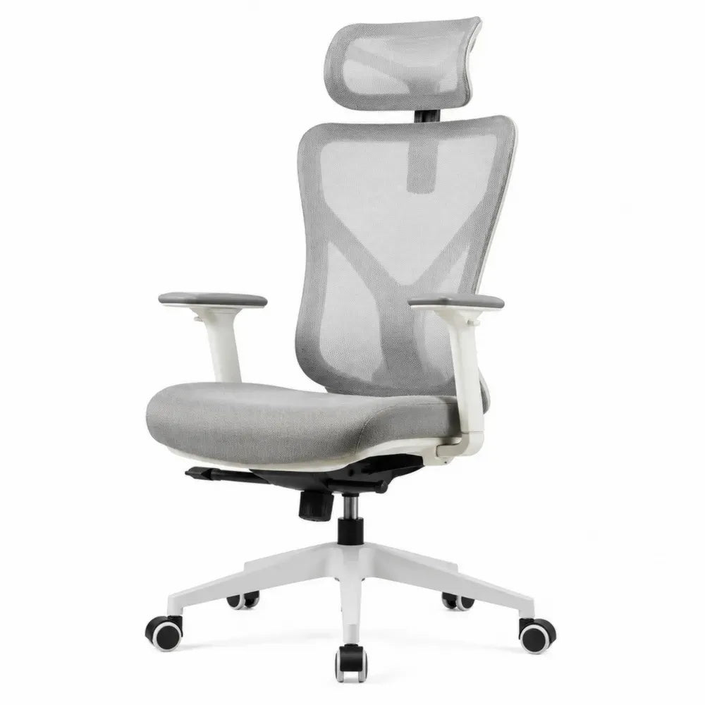 Silla de oficina giratoria ergonómica con reposacabezas de malla gris y base blanca 65 x 65 x 115-125 cm