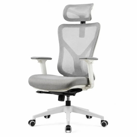 Silla de oficina giratoria ergonómica con reposacabezas de malla gris y base blanca 65 x 65 x 115-125 cm