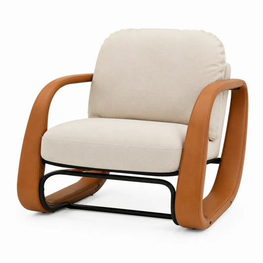 Sillón individual de tela beige con reposabrazos curvos de piel sintética PU marrón y estructura metálica negra 70 x 75 x 80 cm