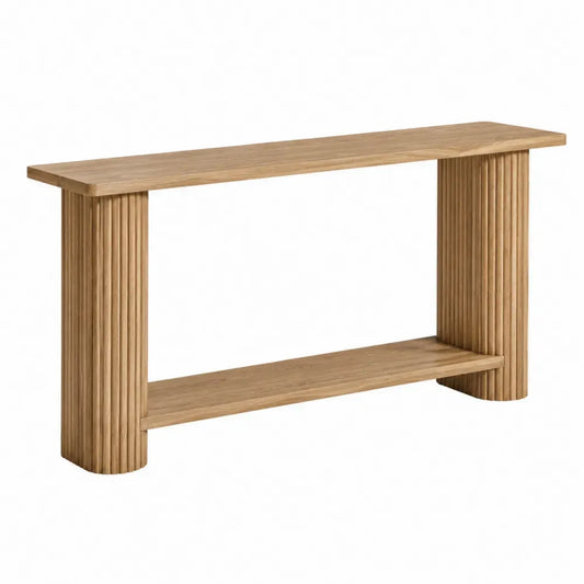 Mesa consola rectangular de MDF chapado en roble natural con estante inferior y paneles laterales acanalados 140 x 35 x 80 cm