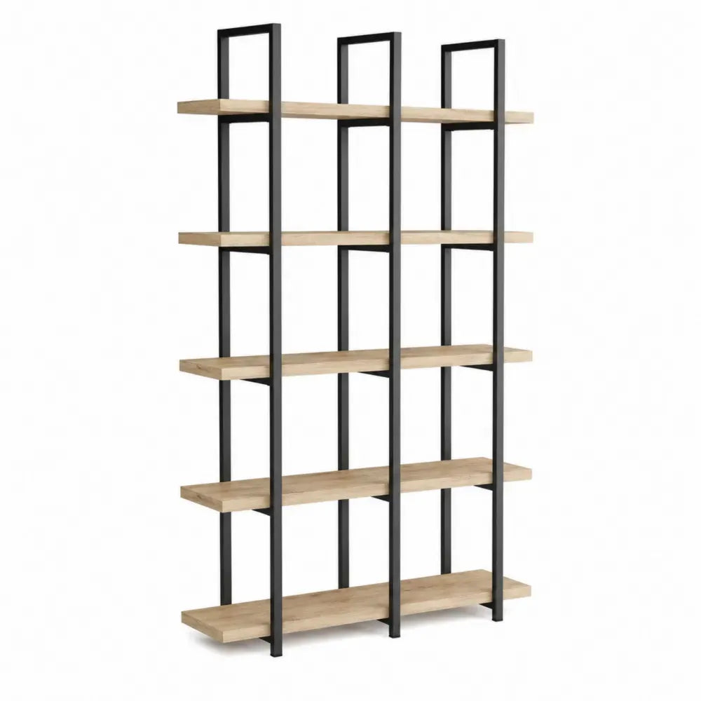 Estantería librería rectangular de 5 niveles acero negro tablero de partículas roble claro 120 cm x 30 cm x 180 cm