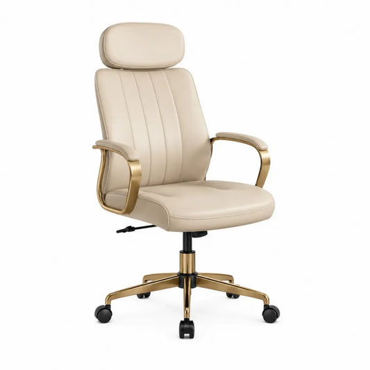 Silla de oficina giratoria ergonómica con reposacabezas 62 x 68 x 115-125 cm tapizada en PU beige crema con base metálica dorada y ruedas