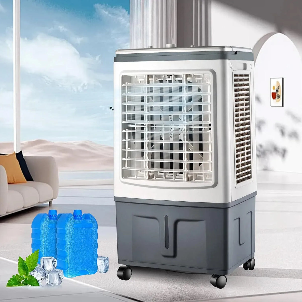 Climatiseur, 30 L, Rafraîchisseur 4-en-1, industriel, Humidificateur avec 2 Packs de Glace