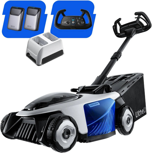 4.0Ah Autotractée, Litheli Easysurge Tondeuse à Gazon sans Fil 43cm, 2X 20V Batteries, 2,2-4,7 km/h, 25-75 mm Hauteur Réglable, Bac 50L