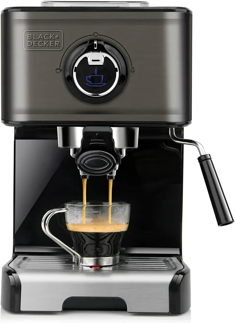 Black+Decker BXCO1200E Machine à expresso, 1,2 L, 1200 W, grand réservoir, vapeur, acier inoxydable, noir, 15 Bars, Buse Vapeur, Noir et Inox