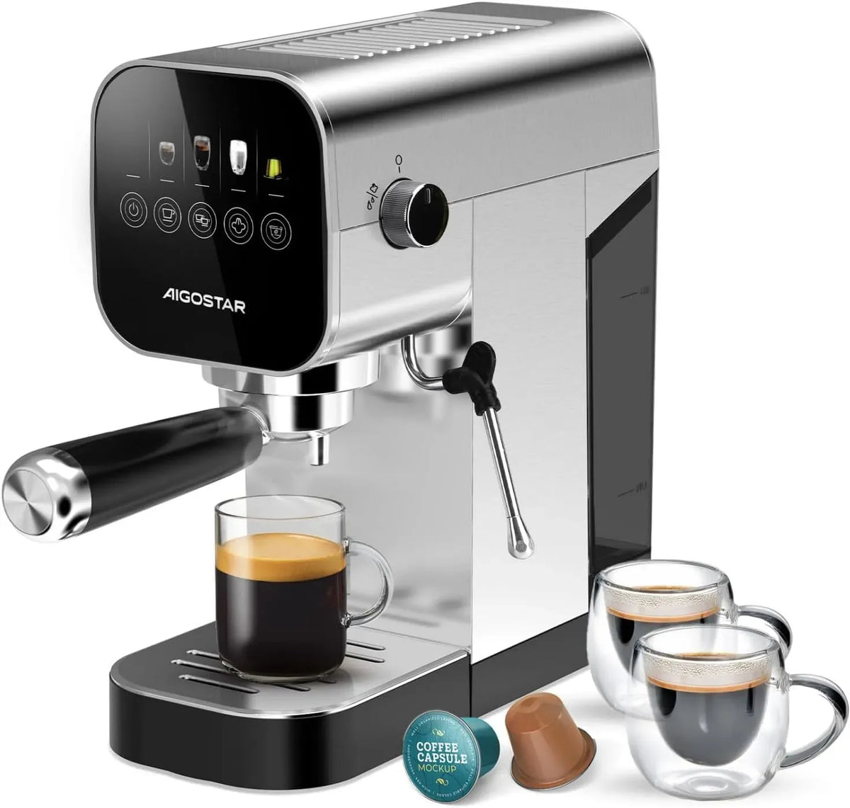 Mousseur à lait, 0,9 L, 1350 W, émulsionneur à lait, tactile, grand réservoir, acier inoxydable, cappuccino, Écran tactile, 1 ou 2 tasses