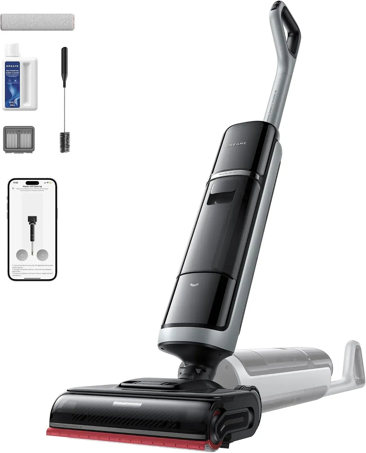Aspirateur, DREAME H15, application, 22 000Pa, lavage brosse à 100°C, séchage en 5 min à 90°C, Nettoyage des sols à 85°C, bras robotisé IA GapFree