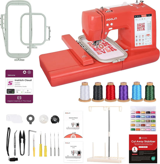 EOC05 Machine à broder, machine à broder électrique, 10×10 cm, 23,5 cm, tactile, Wi-Fi, USB, écran LCD, rouge, PooLin