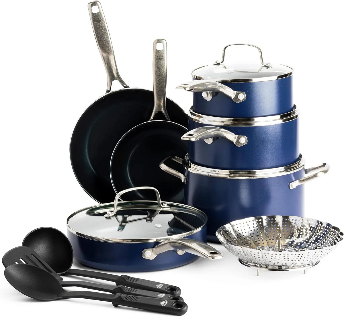Batterie, batterie de casseroles et poêles, 14 Pièces, bleu, Cuisine Antiadhésive