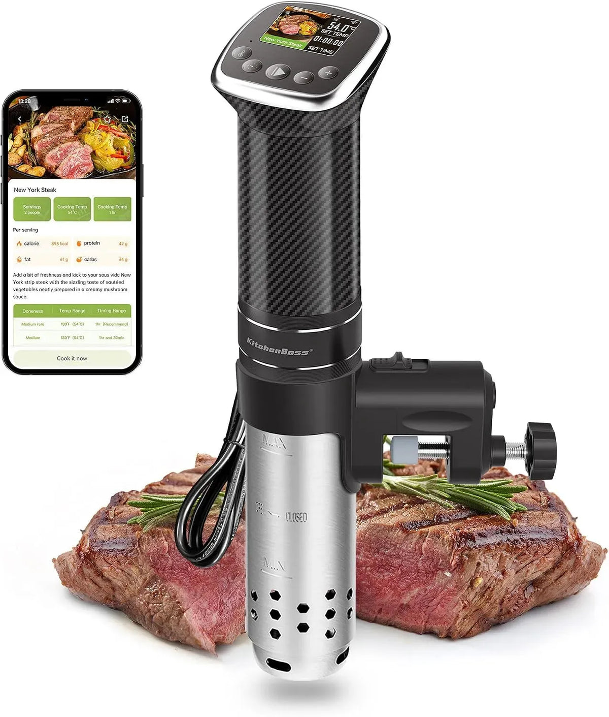 Cuiseur, Cooker, appareil de cuisson sous vide, 1100 W, Wi-Fi, application, écran LCD, pour un Contrôle Précis de la Température LCD Display