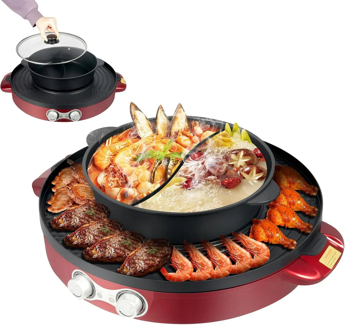 Poêle grill, 52 x 18,5 cm, 2200 W, revêtement antiadhésif, rouge