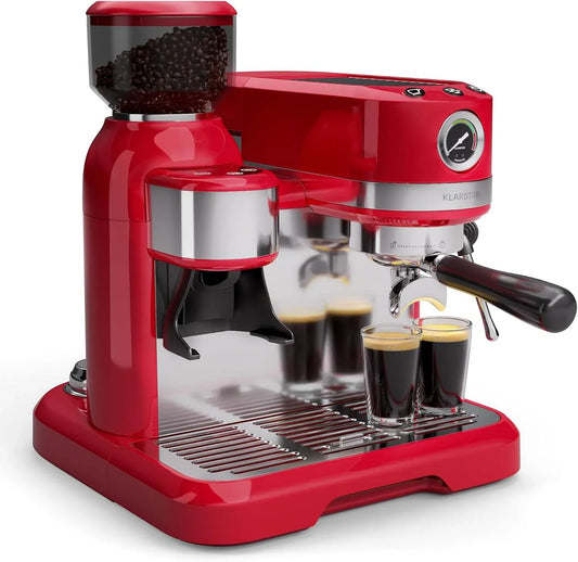 Klarstein Mousseur à lait, 1,4 L, 1550 W, émulsionneur à lait, grand réservoir, rouge, 19 bars, broyeur intégré 200 g, Inserts Pour 2 Tasses