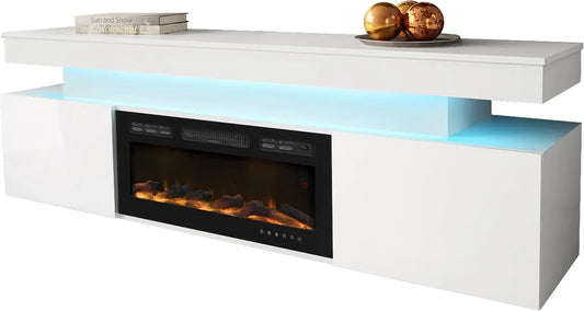 Meuble TV EF 2D Mirjan24, blanc, Flamme LED Réaliste