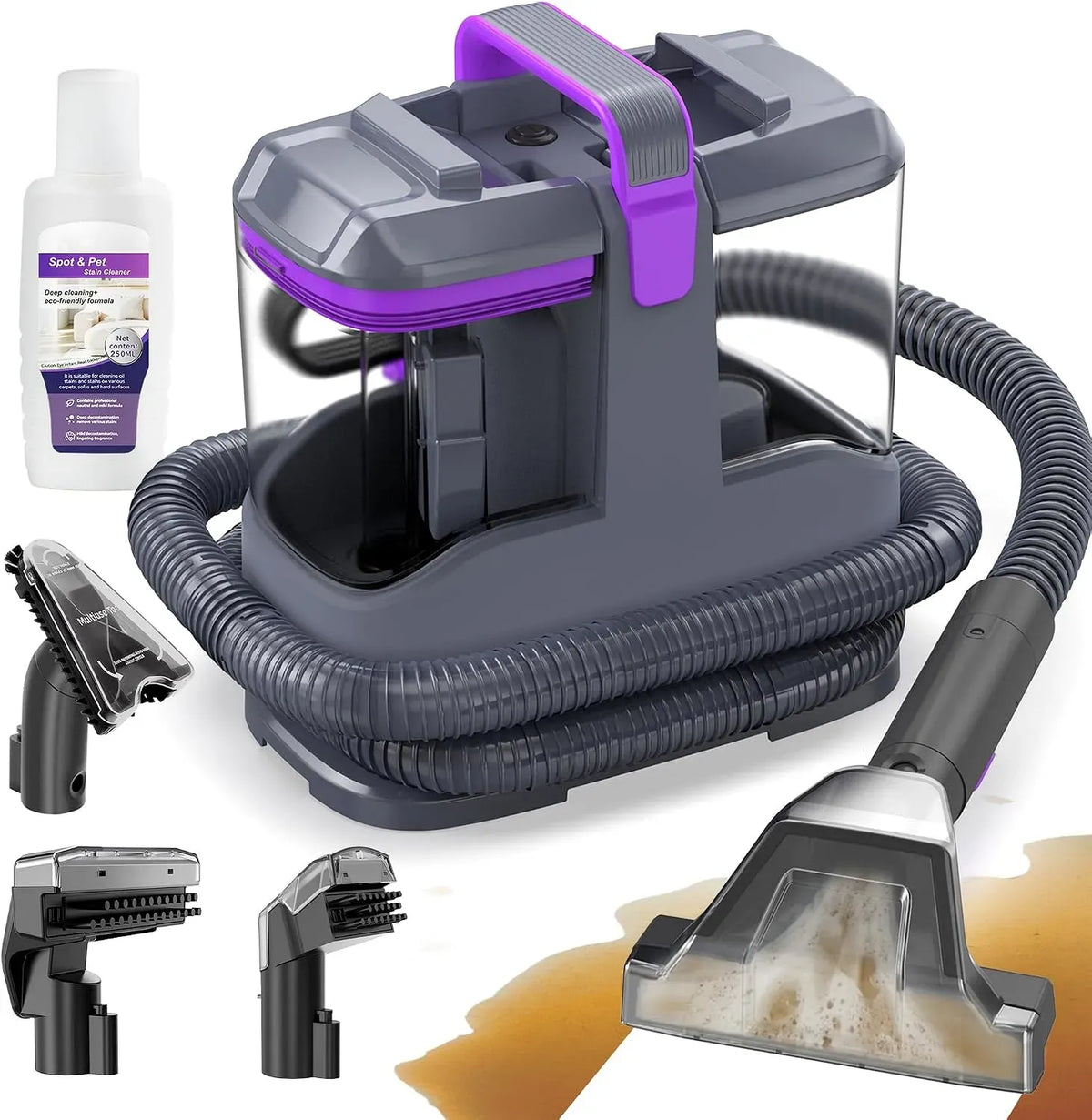 Aspirateur, 450 W, Shampouineuse, portable, grand réservoir, Portable Léger 2,6kg, 3 Brosses et Double Réservoir Autonettoyant, 450W 13kPa, 2,6 kg