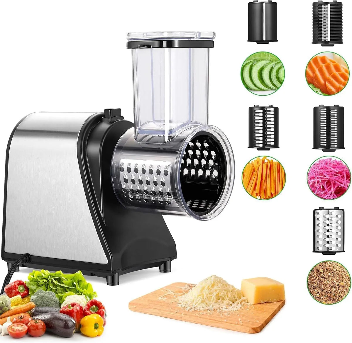Coupe-légumes Électrique, Noir, 250W Gros Calibre Amélioré Rape à Fromage en Acier Inoxydable équipé de 5 Lames pour Divers Légumes